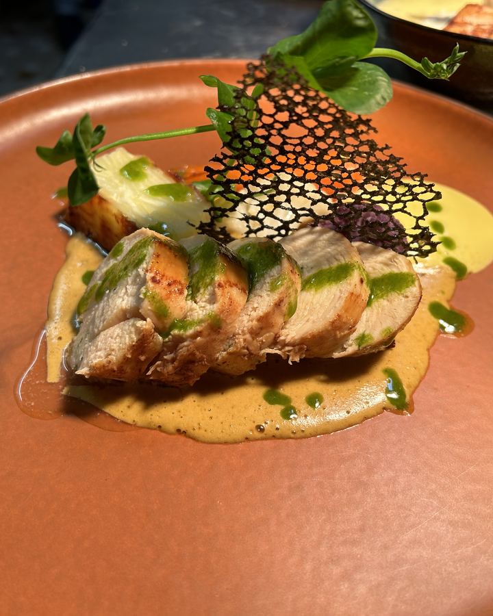 Volaille et sauce crémeuse sur assiette terracotta